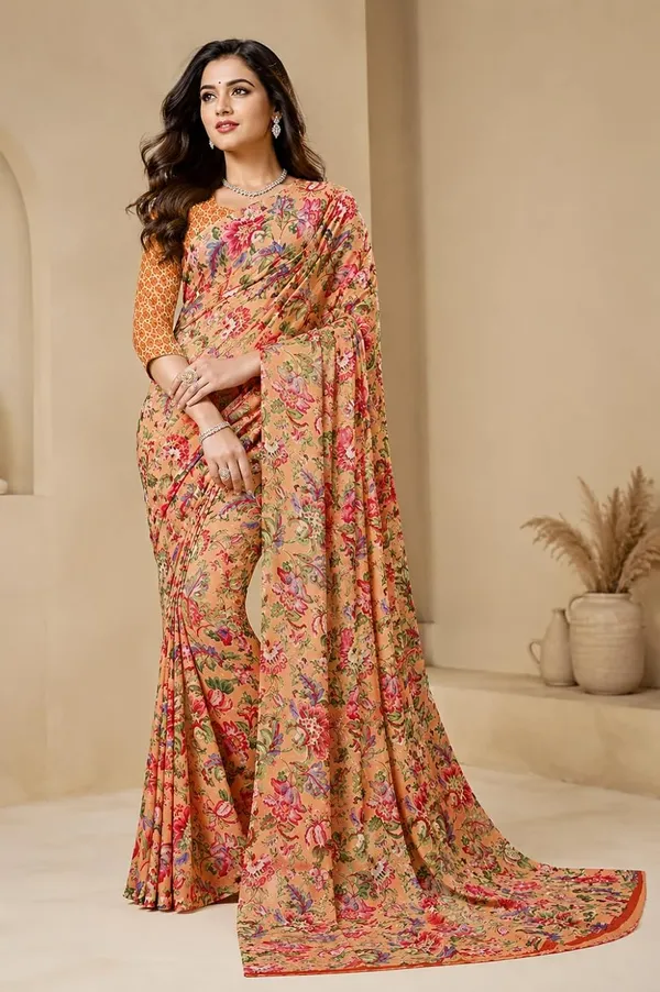 Light_Orange_Georgette_Floral_Print_Saree_For_Women