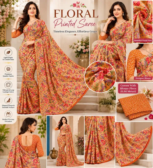 Light_Orange_Georgette_Floral_Print_Saree_For_Women