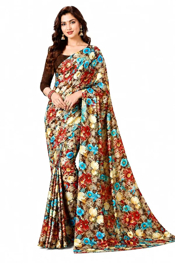 Brown_Georgette_Floral_Print_Saree_For_Women