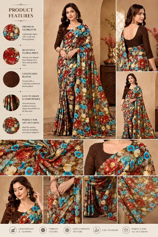 Brown_Georgette_Floral_Print_Saree_For_Women
