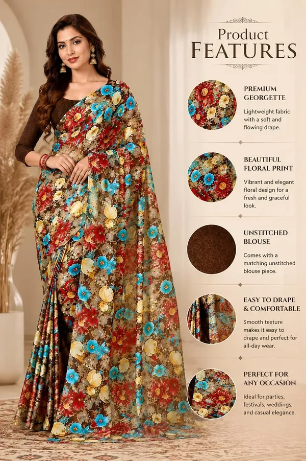 Brown_Georgette_Floral_Print_Saree_For_Women