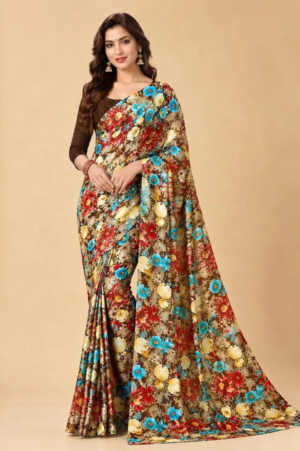 Brown_Georgette_Floral_Print_Saree_For_Women