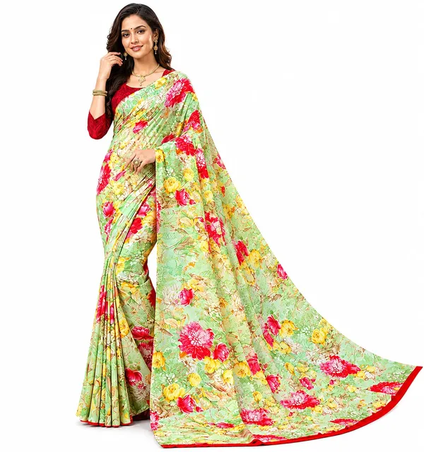 Green_Georgette_Floral_Print_Saree_For_Women