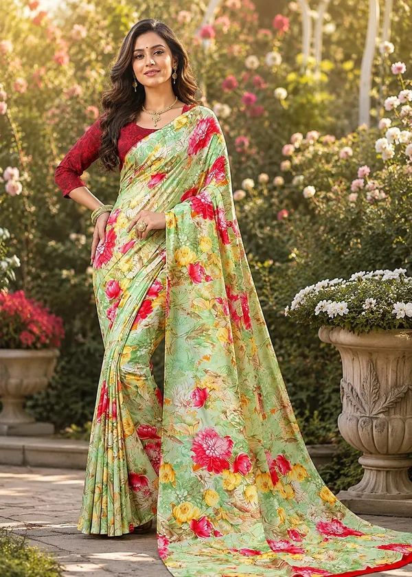 Green_Georgette_Floral_Print_Saree_For_Women