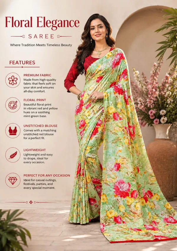 Green_Georgette_Floral_Print_Saree_For_Women
