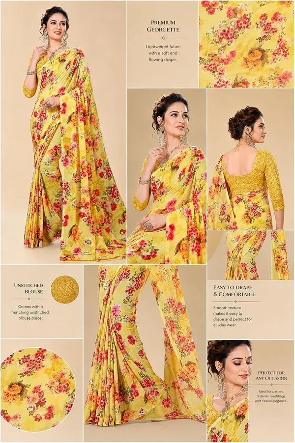 Yellow_Georgette_Floral_Print_Saree_For_Women