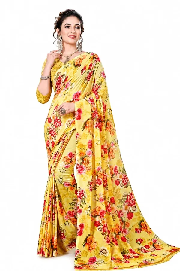 Yellow_Georgette_Floral_Print_Saree_For_Women