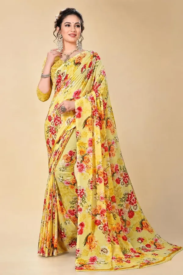 Yellow_Georgette_Floral_Print_Saree_For_Women