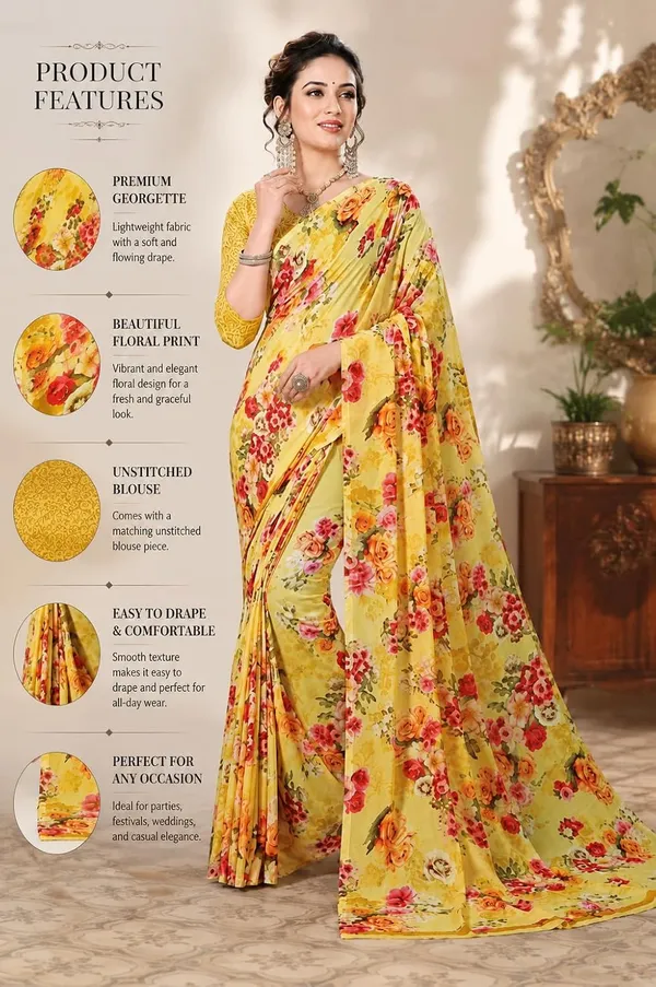 Yellow_Georgette_Floral_Print_Saree_For_Women