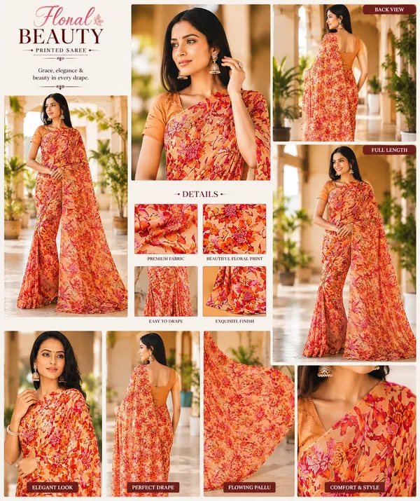Orange_Georgette_Floral_Print_Saree_For_Women