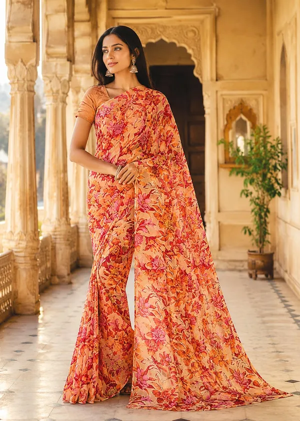 Orange_Georgette_Floral_Print_Saree_For_Women