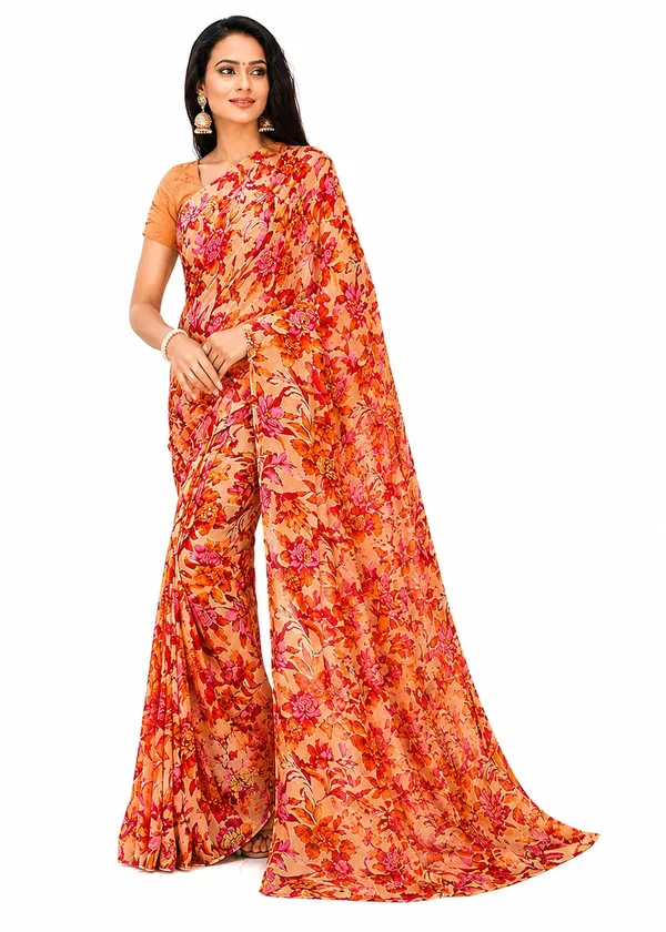 Orange_Georgette_Floral_Print_Saree_For_Women