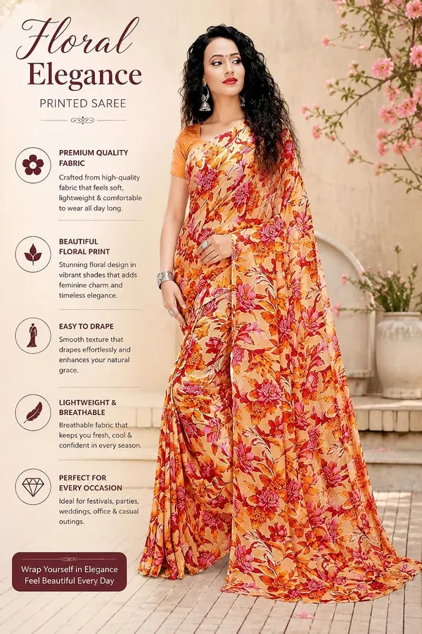 Orange_Georgette_Floral_Print_Saree_For_Women