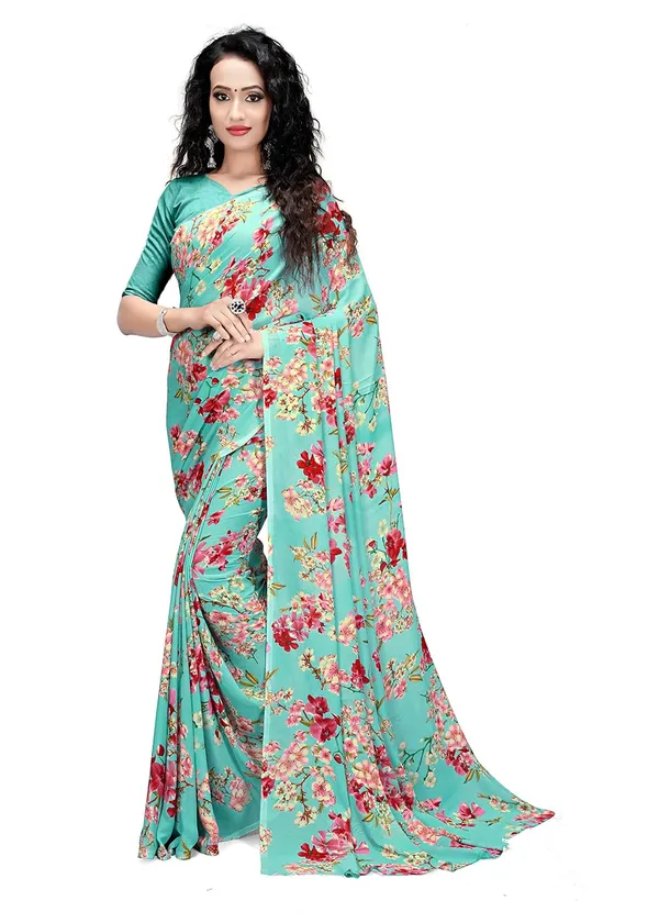 Teal_Georgette_Floral_Print_Saree_For_Women