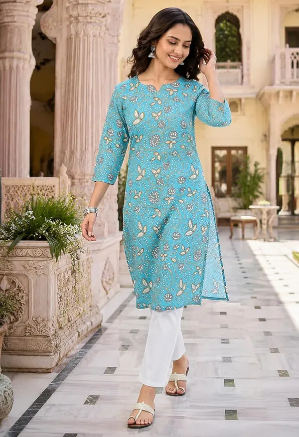 Blue_Cotton_Straight_Floral_Print_Kurti_For_Women