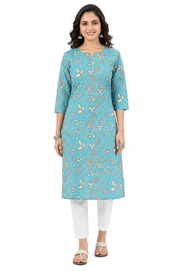 Blue_Cotton_Straight_Floral_Print_Kurti_For_Women