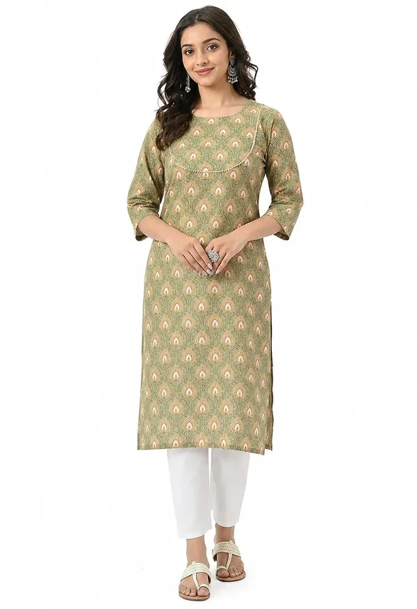 Mehandi_Cotton_Printed_Straight_Kurti_For_Women
