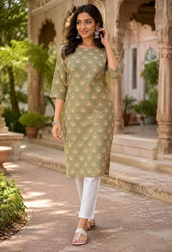 Mehandi_Cotton_Printed_Straight_Kurti_For_Women