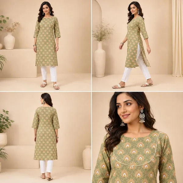 Mehandi_Cotton_Printed_Straight_Kurti_For_Women