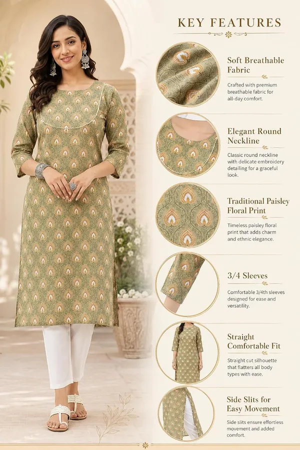 Mehandi_Cotton_Printed_Straight_Kurti_For_Women