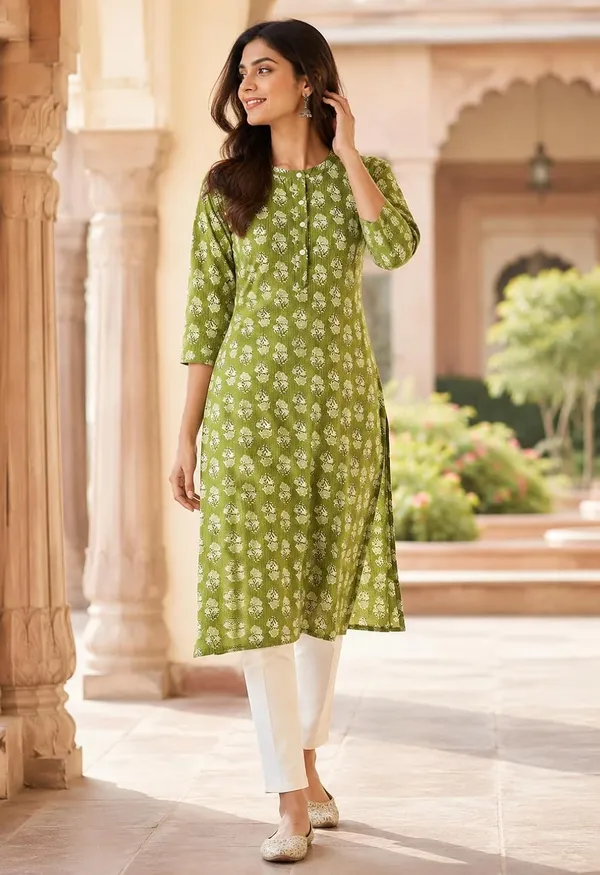 Green_Cotton_Straight_Kurta_For_Women