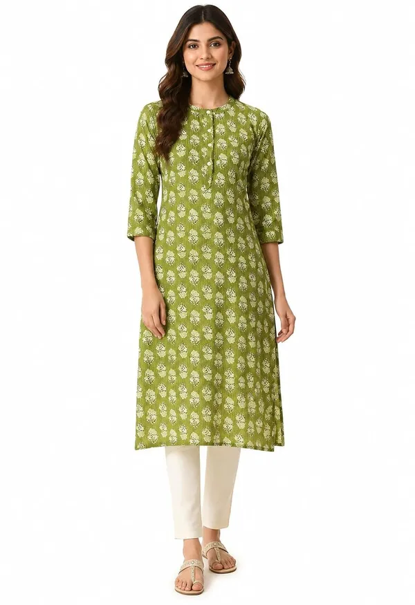 Green_Cotton_Straight_Kurta_For_Women