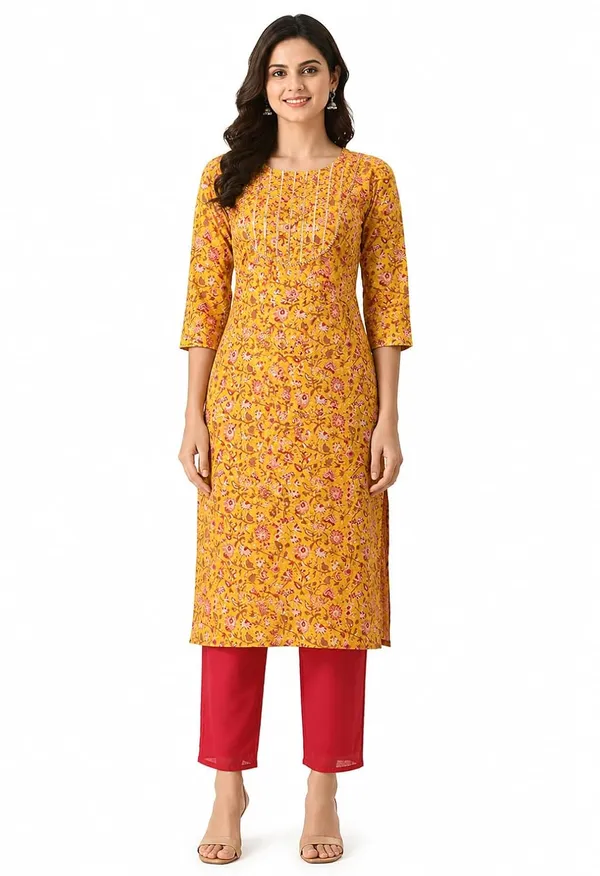 Mustard_Cotton_Floral_Printed_Straight_Kurta_For_Women