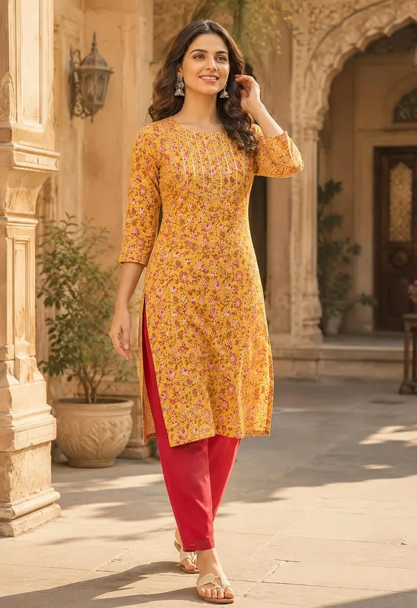 Mustard_Cotton_Floral_Printed_Straight_Kurta_For_Women