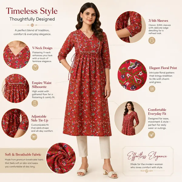 Red_Cotton_Empire_Waist_Floral_Kurta_For_Women