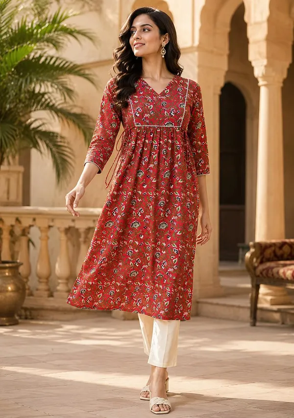 Red_Cotton_Empire_Waist_Floral_Kurta_For_Women