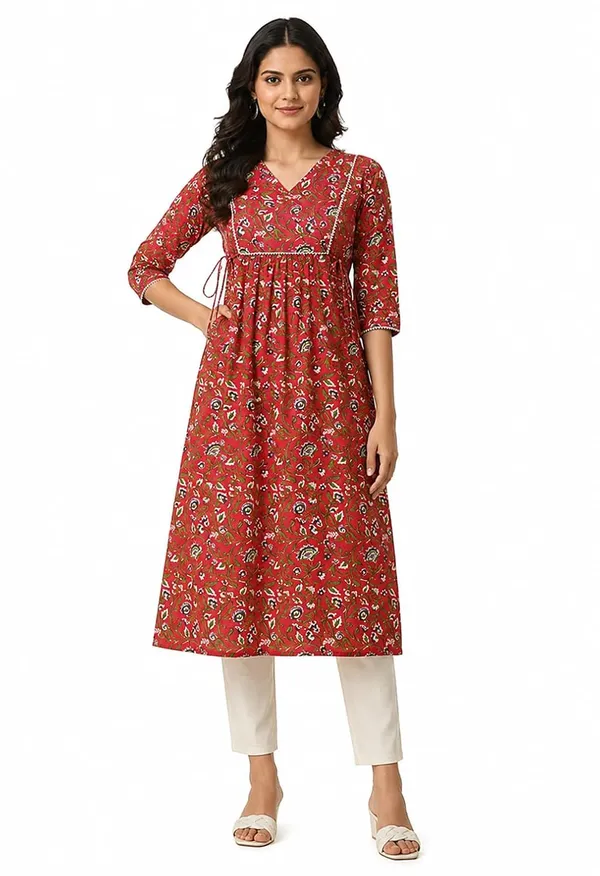 Red_Cotton_Empire_Waist_Floral_Kurta_For_Women