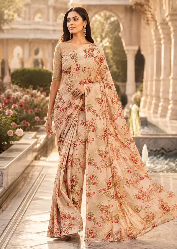 Light_Brown_Georgette_Floral_Print_Saree_For_Women