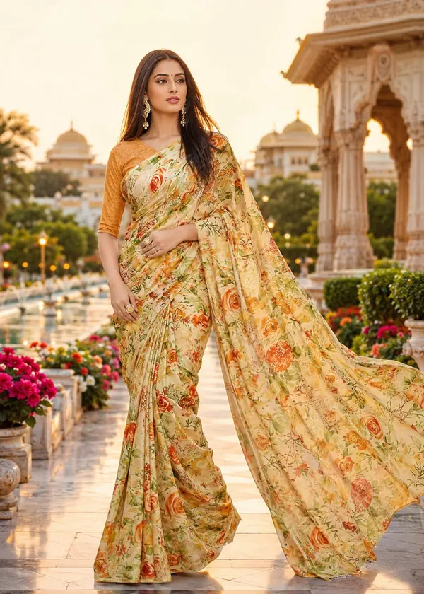 Mustard_Georgette_Floral_Print_Saree_For_Women