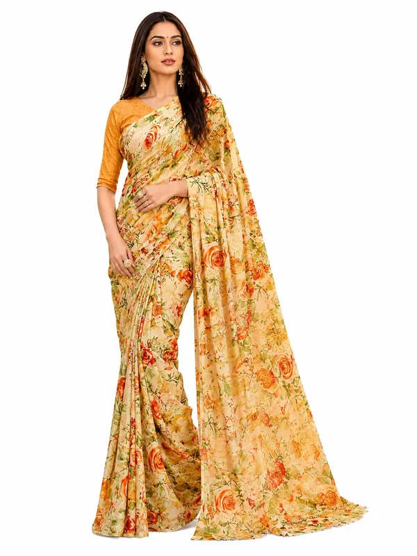Mustard_Georgette_Floral_Print_Saree_For_Women