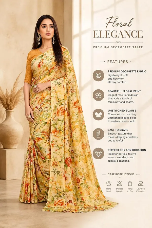 Mustard_Georgette_Floral_Print_Saree_For_Women