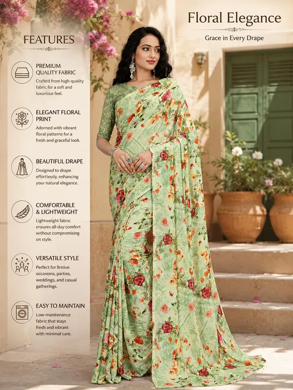 Light_Green_Georgette_Floral_Print_Saree_For_Women