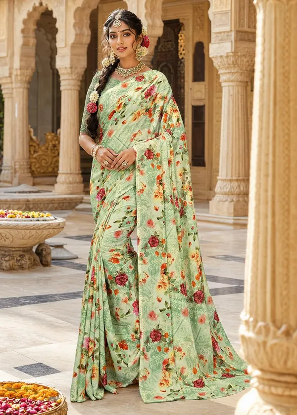 Light_Green_Georgette_Floral_Print_Saree_For_Women