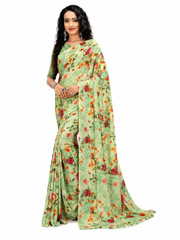 Light_Green_Georgette_Floral_Print_Saree_For_Women