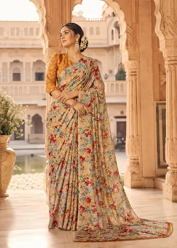 Beige_Brown_Georgette_Floral_Printed_Saree_For_Women