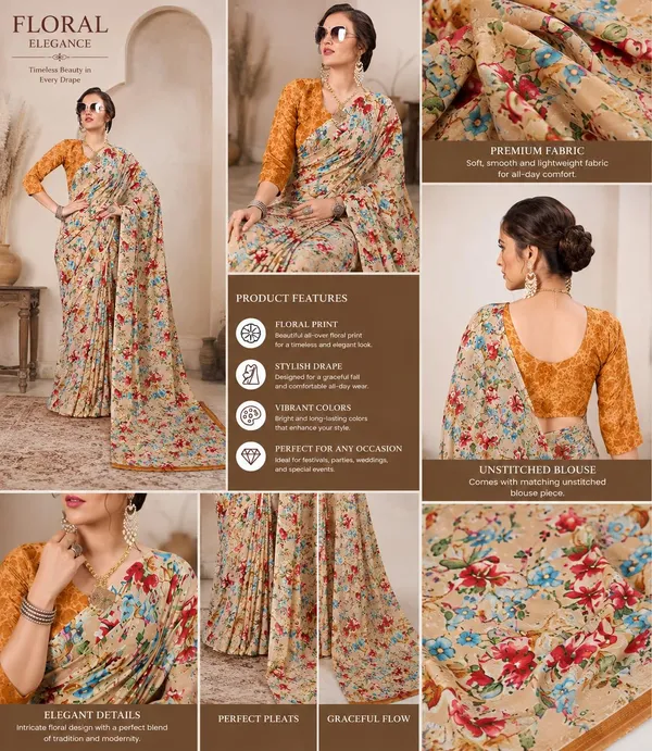 Beige_Brown_Georgette_Floral_Printed_Saree_For_Women