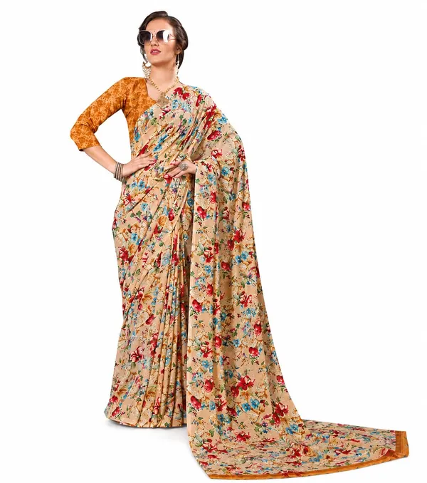 Beige_Brown_Georgette_Floral_Printed_Saree_For_Women