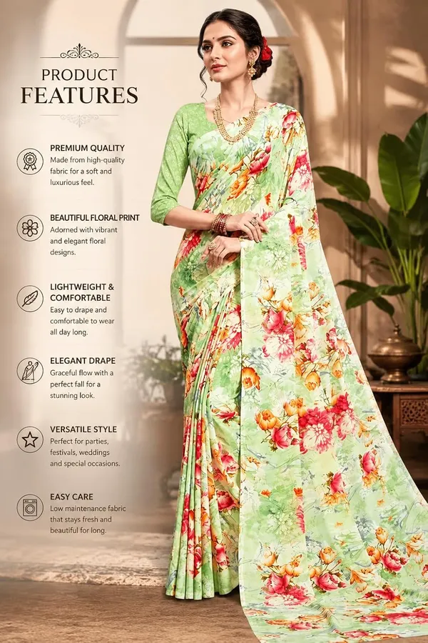 Green_Georgette_Floral_Print_Saree_For_Women