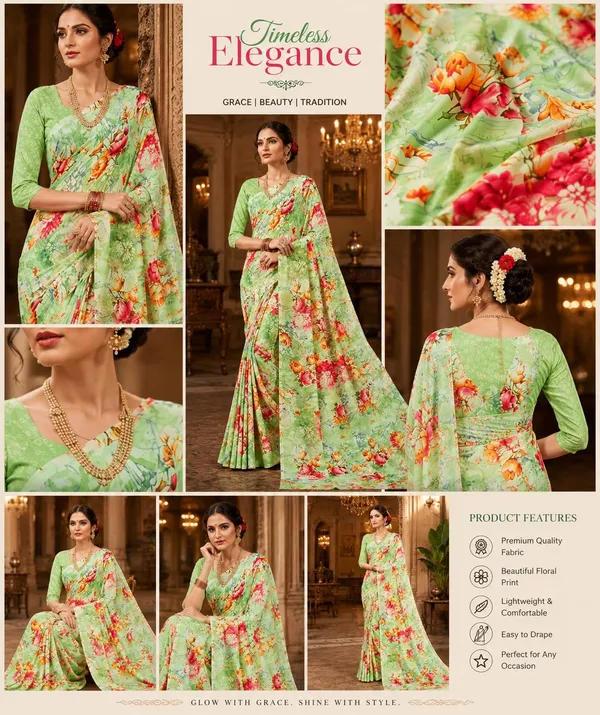 Green_Georgette_Floral_Print_Saree_For_Women