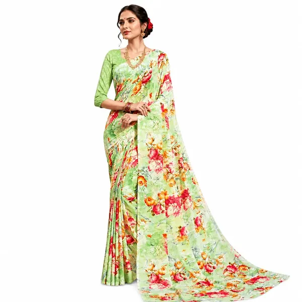 Green_Georgette_Floral_Print_Saree_For_Women