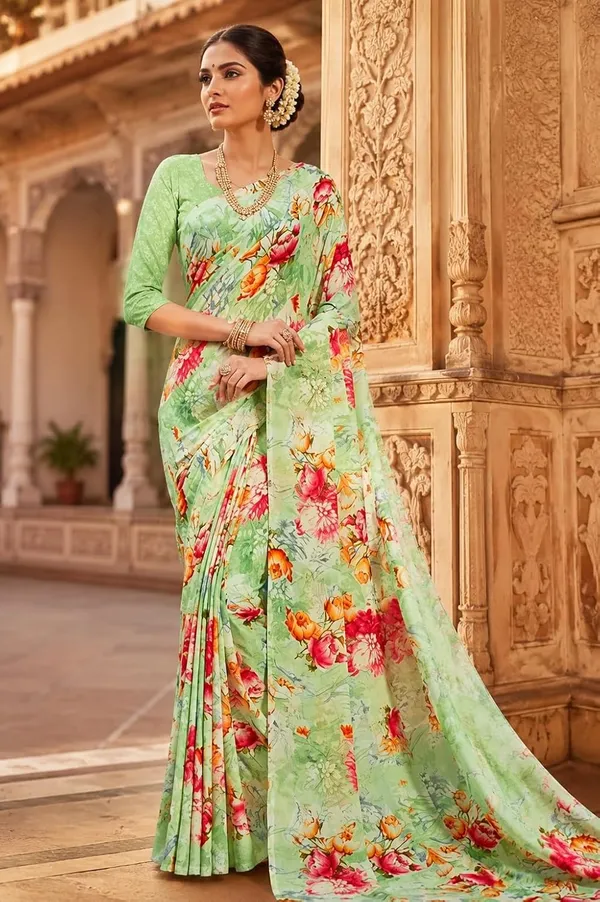 Green_Georgette_Floral_Print_Saree_For_Women