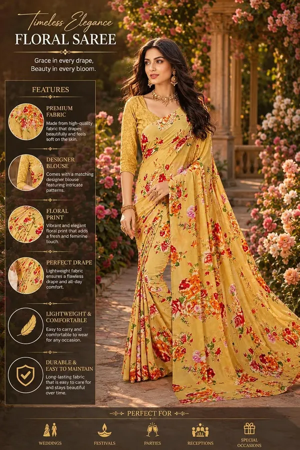 Light_Golden_Georgette_Floral_Printed_Saree_For_Women