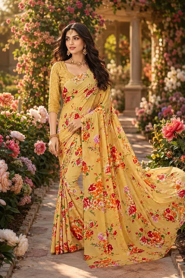Light_Golden_Georgette_Floral_Printed_Saree_For_Women