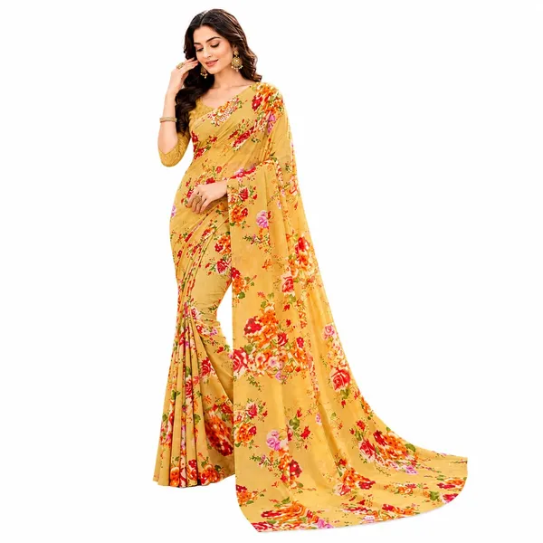 Light_Golden_Georgette_Floral_Printed_Saree_For_Women