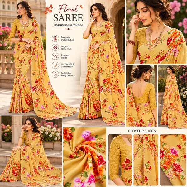 Light_Golden_Georgette_Floral_Printed_Saree_For_Women