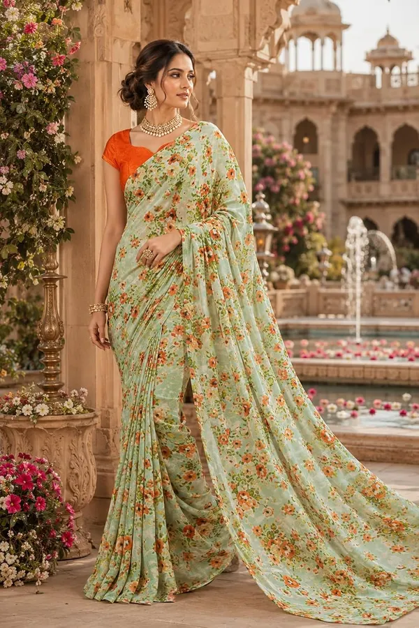 Pista_Georgette_Floral_Print_Saree_For_Women